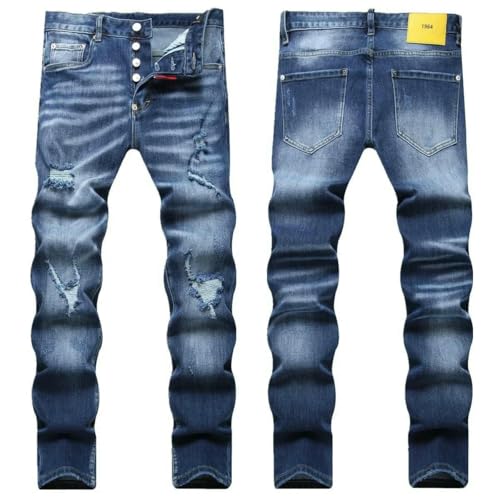 Men's Ripped Skinny Jeans Button Access with Zipper Ring Decoration Trousers Street Rock Stretch Denim Pants2