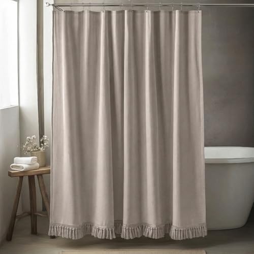TURKIO Taupe Shower Curtain Linen Shower Curtain with Tassels Boho Shower Curtains for Bathroom Rustic Farmhouse Shower Curtains Bath Decor (72x72)