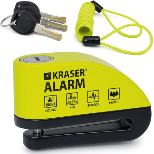 KRASER WA6Y Candado Moto con Alarma 110dB, Antirrobo Disco Reforzado, 3 Llaves (Otros 2) Alta Seguridad, Impermeable, Accesorios Cable Bolsa Pilas, Pinza Cepo Bloqueo 6mm Universal Scooter Bicicleta
