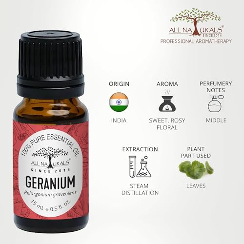All Naturals Geranium Essential Oil 100% Pure for Massage, Relaxation, Skin Cooling & Natural Perfumes - 15 mL
