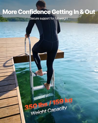 Image of VEVOR Retractable Dock Ladder, 5 Steps, Aluminum Alloy Pontoon Boat Swim Ladder, with Non-Slip Wide Steps, 350 lbs Weight Capacity, Adjustable Height, for Lake Swimming, Pool, Boat, Marine Boarding
