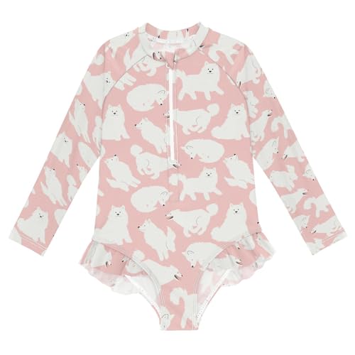 JHKKU Girls Long Sleeve Cute Samoyed Dog Swimsuit One Piece Zipper Rash Guard Bathing Suit with UPF 50+ Sun Protection Ruffle Swimwear 3T