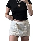 Y2k Knitted Mini Skirt Women High Waist Knitwear Mini Skirt Girls Sexy Skirt with Furry Ball Party Streetwear (White, S)