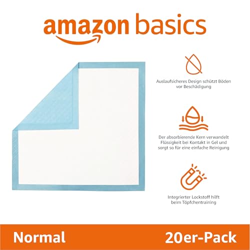 Amazon Basics Strapazierfähige Trainingspads für Hunde und Welpen, auslaufsicheres Design mit schnell trocknender Oberfläche, 20 stück (1 erPack), Blau/Weiß