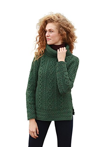 Carraig Donn Aran Woollen Mills Ladies Vented Roll Neck Merino Wool Jumper,Connemara Green,X-Large