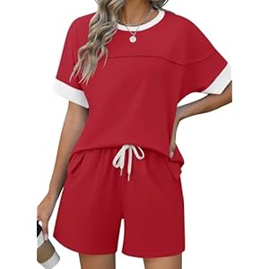 Rapbin Comfy Summer Sets with Pockets Loose Fit Color Block Design Matching 2 Piece Sets with Drawstring Waist Cb-red White Large