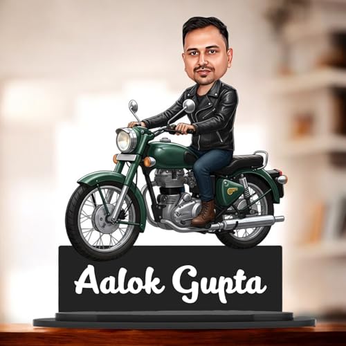Image of Taxton Custom Bike Rider Caricature Personalized Wooden Bike Photo Frame for Men | 7.5 Inch Durable Double Wood Print with Acrylic Name Plate (Green)