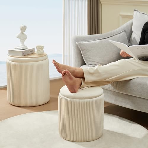 Chilihom Round Ottoman with Storage Set of 2 Upholstered Velvet Vanity Stool for Makeup Lines Support 300lbs Ottomans Multifunctional Foot Rest Coffee Table Padded Seat for Living Room&Bedroom-Beige - Image 5
