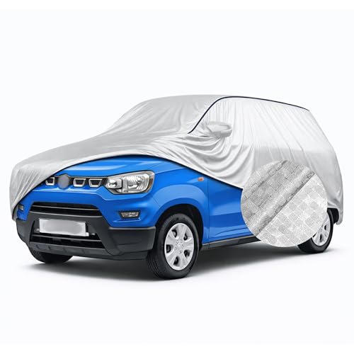 Image of SEAZEN Waterproof Car Cover for Maruti Suzuki S-Presso | Dustproof, UV & Scratch Resistant Soft Cotton Lining | Triple Stitched, Mirror Pockets & Elastic Hem | Metallic Silver with Black Piping