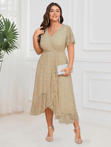 Image of SCOMCHIC Womens Plus Size Wedding Guest Dress Formal Lace Wrap V Neck High Low Short Sleeve Cocktail Maxi Dresses XL-4XL