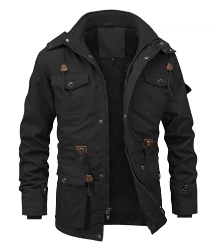 Image of INVACHI Men's Thick Winter Jacket With Hood,Fleece Lining Cotton Military Jackets,Work Coats with Multiple Pockets