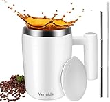 Vermida Self Stirring Coffee Mug, 13oz Automatic Stainless Steel Mixing Cup with 2Pc Stir Bars for Milk/Coffee, Double Wall Insulation Coffee Mug for Outdoor,Home, White