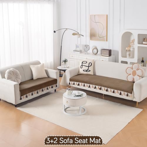 Image of HOKIPO Premium Holland Velvet Sofa Cover Mat with Tassel 5 Seater(3+2) | 'TasselTone Series' | Warm Taupe (IN-1108+1106-BRN)