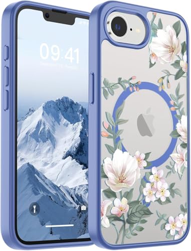 Image of VONZEE Compatible with iPhone 17e / iPhone 16e /SE4 Case, Luxury Retro Flowers Floral Clear for Magnetic Wireless Charging Case Shockproof PC+TPU Cute Glossy Shiny Cover for Girls Women, Official Blue