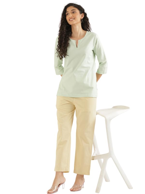 Image of SAADAA Airy Linen Split Neck Short Kurta for Women | Casual & Office Wear | 3 /4 Sleeves, Comfortable Fit | Elegant Top | Lightweight & Breathable Fabric |