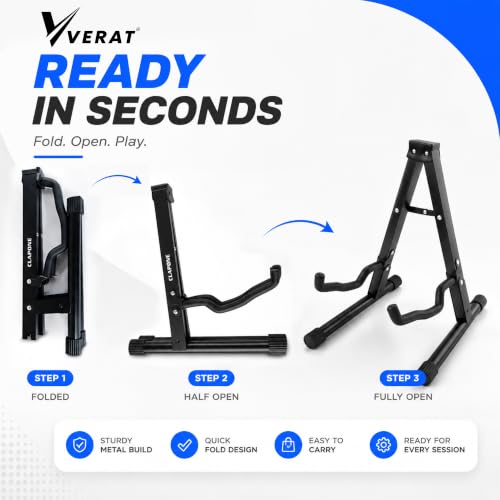 Image of VERAT Folding Guitar Stand | Heavy Duty Universal A-Frame Guitar Stand for Acoustic, Electric, Bass & Ukulele | Portable Foldable Floor Stand with Soft Foam Padding & Anti-Slip Rubber Feet | Black