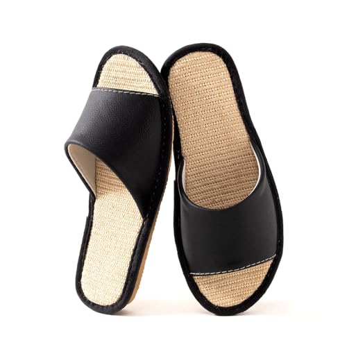 JOOFAN Top Grain Cowhide Leather House Slippers Linen Insole Non Slip Breathable Flexible Indoor Home Shoes for Men Women