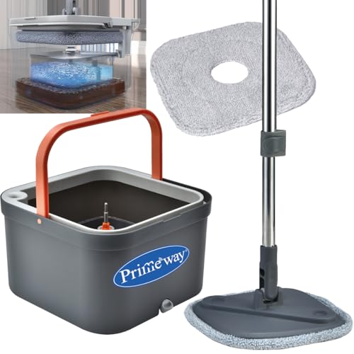 Image of Primeway Spin Mop & Bucket System | Dual Compartment Design for Clean & Dirty Water | 360 Swivel Mop Head | Built-in Scrubbing Brush, 128cm Hydraulic Handle & 22cm Sq Microfiber Pads | 3 LTR | Grey
