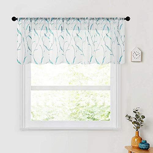 MRTREES Embroidery Sheer Curtain Valance 54x16 inches Long Small Modern Kitchen Valance Living Room Bathroom Voile Rod Pocket Window Treatment Decor(1 Pack, Aqua Blue Wheat Spike on White)