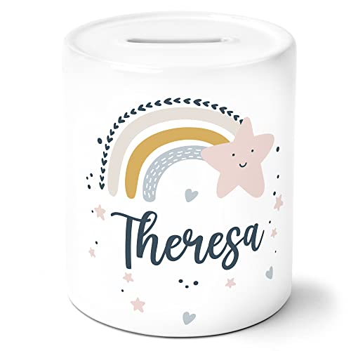 Spardose Mädchen personalisiert mit Namen - Regenbogen Kinder Geschenk Taschengeld Tochter - Sparbüchse Sparschein Keramik - Geschenkidee Einschulung Geburtstag Motiv