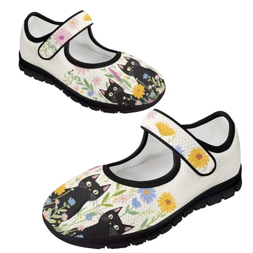 JoyLamoria House Cat Flower Design Womens Shoes Round Toe Running Walking Strap Adjustable Sneakers Wide Travel