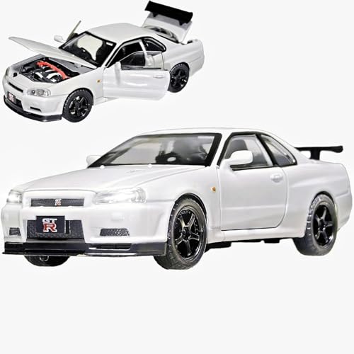 Image of 1:24 Nissan Skyline GT-R R34 Diecast Model Car, Pull Back Toy with Sound & Light, Collectible for Kids & Adults (White)