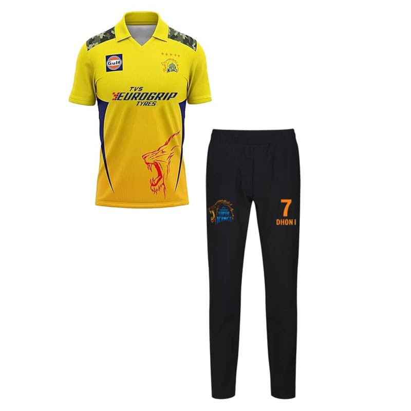 Image of CSK thala Dhoni 7 Official Team Jersey with Black Shorts for Boys and Men(11-12Years,Multicolor-6)