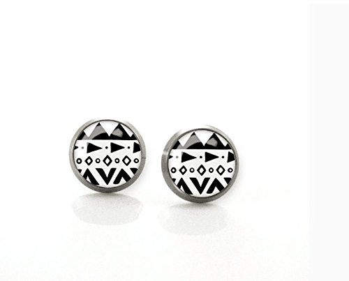 Unique Handdrawn black geo pattern Titanium Post Earrings | Hypoallergenic Earring Stud | Titanium Earrings | Sensitive jewelry post studs