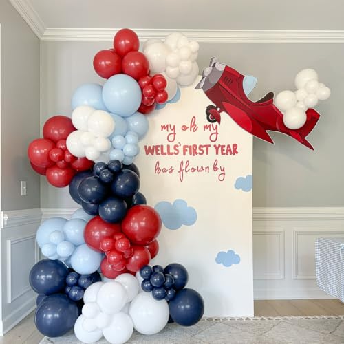 Image of Airplane Balloon Garland Arch Kit 147pcs Navy Blue Red and Blue white Balloons for Time Flies Theme Birthday Baby Shower Superhero Boys Party Supplies