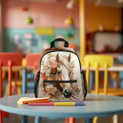 Watercolor Horse Floral Pattern Kids Backpack for Boys Girls, Waterproof Lightweight Toddler School Bag with Chest Strap, Small Travel Book Bag Preschool Kindergarten Backpack3