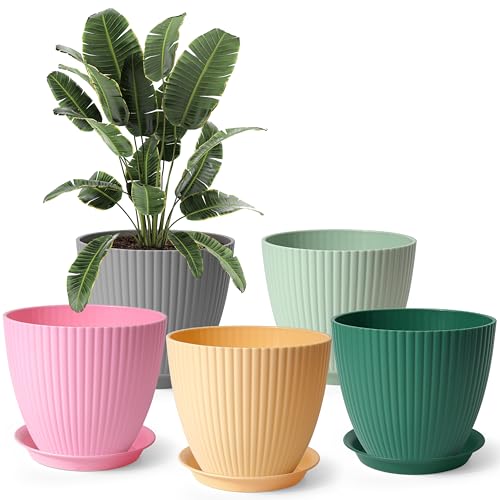 Winter Shore Macetas Grandes con Agujeros de Drenaje y Bandejas (Pack de 5) Maceteros Decorativos Interior y Exterior Redondos de Plástico, Resistentes a Intemperie, Heladas, Rayos UVA - 17,5 x 15 cm