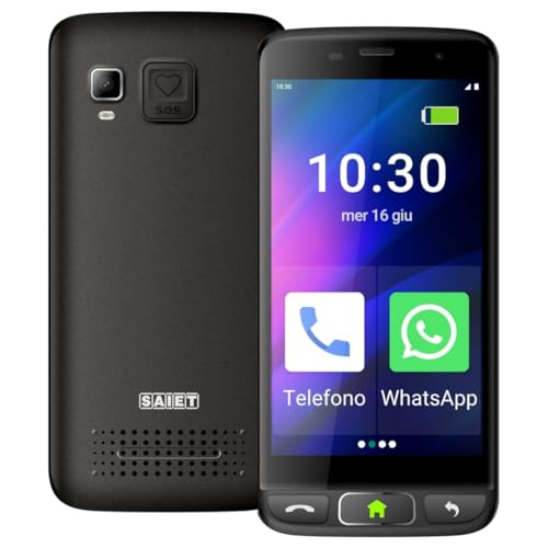 SAIET - Cellulare Smart Senior STS502 - Telefono Per Anziani 4G e Bluetooth -Tasti e Lettere Grandi - Smartphone con Whatsapp e SOS - Cover in Silicone Inclusa - Nero
