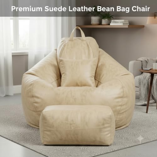 Image of KAM'S LIEU 5XL Premium Imported Suede Bean Bag Chair with Footrest & Cushion | Filled with High Density Polystyrene Beans | Premium Soft Fabric | Ready to Use Color- (Cream, 5XL)