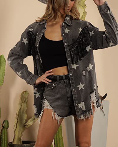 Scofeel Denim Shacket Women Shirt Jacket For Women Rhinestone Tassel Star Print Denim Shirt Blouse #TOP1