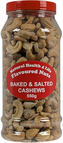 Natural Health 4 Life Baked and Salted Cashew Nuts 550g, Whole Cashew Snack, High Protein and Fibre, Low Sugar, Vegan and Gluten Free Nuts Snacks in Clear PET Jar for Snacking and Cooking
