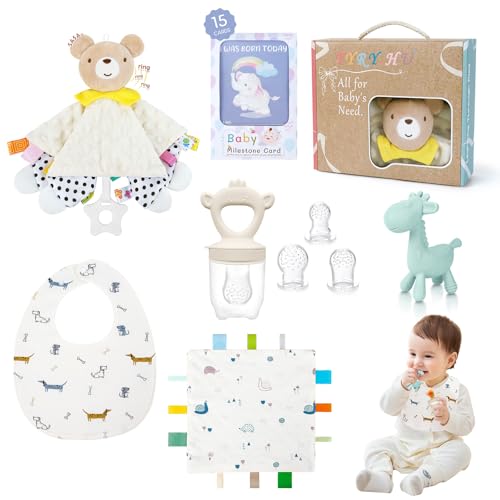 TYRY.HU Baby Geschenk Sets,Lätzchen Baby Fruchtsauger Babydecke Dreieckstuch Musselin Halstuch Beißring Silikon Beißspielzeug Kühlend Zahnungshilfe Meilensteinkarten 0 3 6 9Monate
