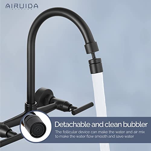Airuida Wall Mount Kitchen Sink Faucet Matte Black Wall Mounted Kitchen Faucets 8 Inch Center Double Cross Handles 360 Degree Swivel Spout Restaurant Utility Laundry Commercial Mixer Tap #TOP7