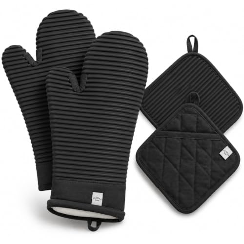 Silicone Oven Mitts and Pot Holders Set, 4-Piece | Extra Long Heat Resistant 500°F, Non-Slip Waterproof Oven Gloves with Quilted Cotton Lining | BPA-Free Hot Pads for Baking, Grilling & Cooking