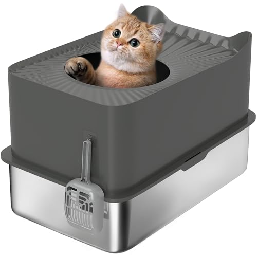 PawHut Stainless Steel Litter Box, Extra Large Enclosed Cat Litter Tray with Scoop, Top Entrance, Non-slip Pads, Easy to Clean & Never Absorbs Odors, Dark Grey