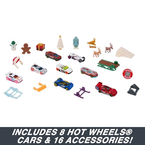 Hot Wheels Advent Calendar, 8 Hot Wheels Cars and 16 Winter-Themed Accessories behind 24 Numbered Doors Plus a Playmat, For Kids & Hot Wheels Fans, HKL74 - Image 2