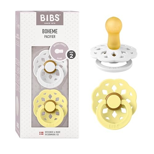 Image of BIBS Boheme Pacifiers 2 Pack BPA Free Cherry Shape Nipple | White/Sunshine | Size 6-18 Months