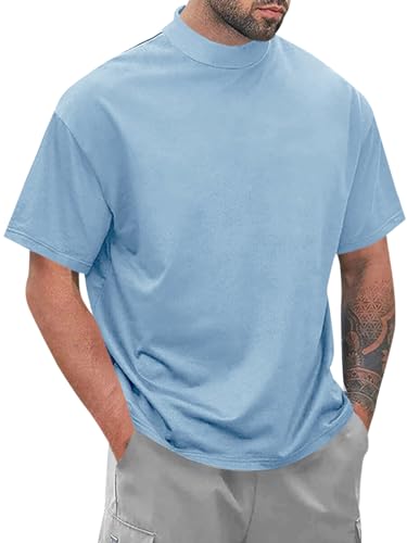 Wihion Mens Ribbed Mock Turtleneck T-Shirt Short Sleeve Solid T Shirts Thermal Underwear Tops Light Blue