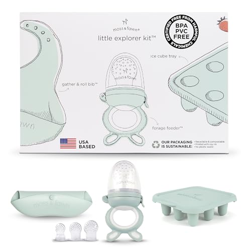 Moss and Fawn Little Explorer Kit - Silicone Frozen Breast Milk Popsicle Kit with Forage Feeder Teething Popsicle Ice Cube Tray & Gather & Roll Baby Feeding Bib - BPA PVC & Lead-Free - Fern