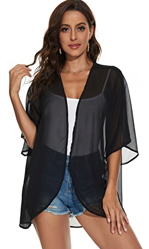 Women Summer Tops Kimono Cardigans Sheer Beach Cover Ups Chiffon Open Front Shirts （Black,M #TOP2