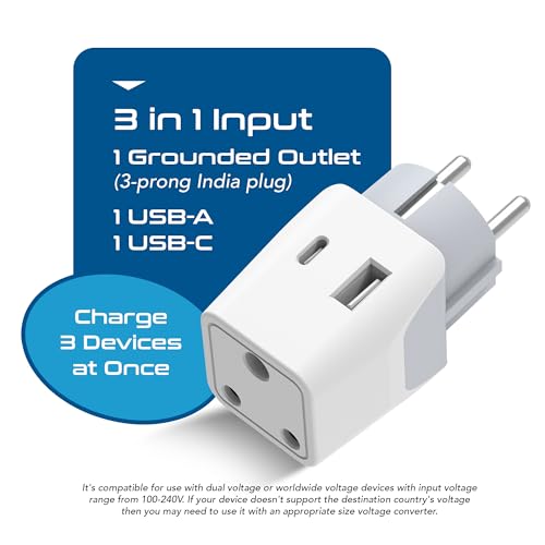 Image of Ceptics Travel Adapter India to European Plug Adapter, 3 in 1 Plug Adapter, Germany, France Schuko Adapter with 1 USB, 1 USB-C, Type E /F Europe Travel Adapter for Laptops, Phones, CE - RoHS, White 1pc