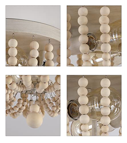 Q&S Boho Chandelier Wood Beaded Flush Mount Ceiling Light Fixtures For Nursery Baby Bedroom Kitchen Hallway,Oak White Finish,2-Lights #TOP3