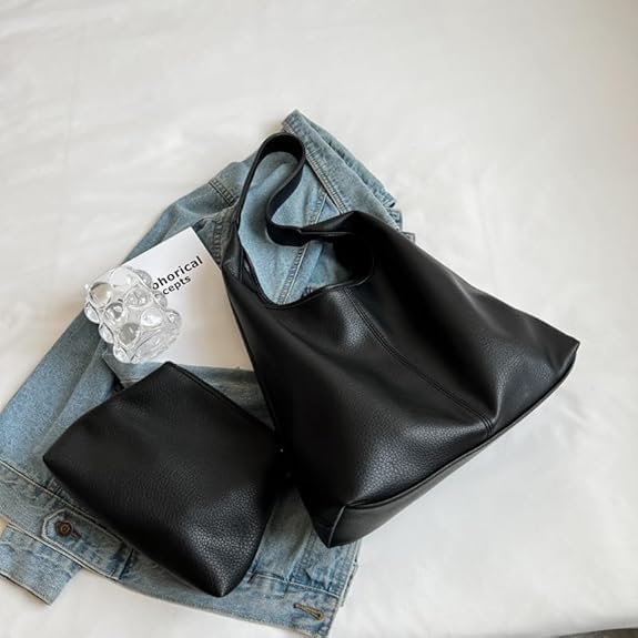 Hobo Bags for Women, Slouchy Tote Bag Soft Casual PU Leather Shoulder Purses 2pcs Work Everyday Handbags Stylish Slouchy Tote Purses(Black) - Image 3