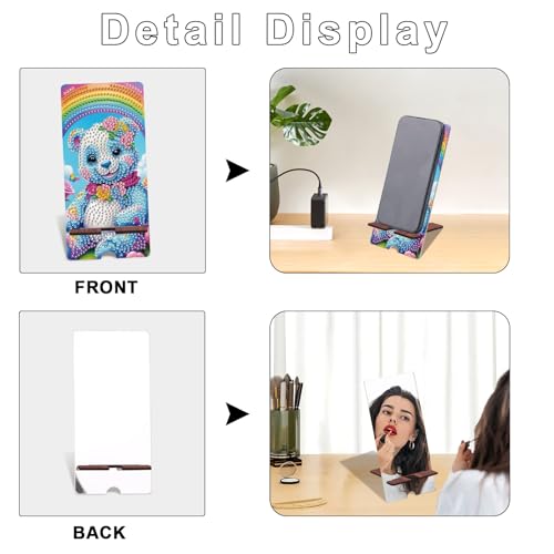 Image of Bear in Rainbow Diamond Painting Phone Stand with Mirror, DIY Wooden Diamond Art Desktop Holder, 2-in-1 Diamond Painting Tabletop Ornament - Phone Stand and Mirror for Home and Office