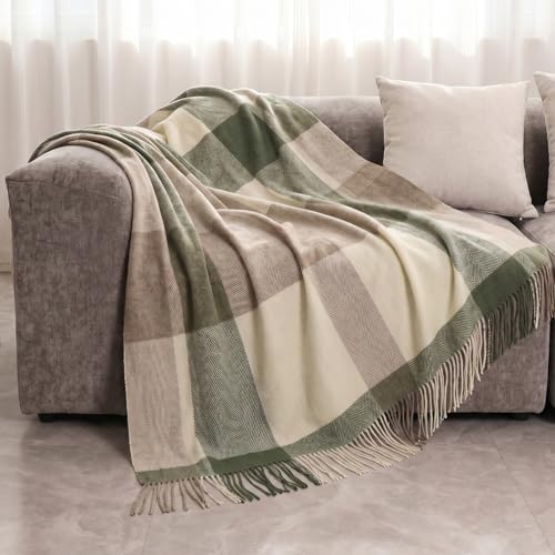 WAMSOFT Wool Plaid Throw Blanket | 55" x 83" Soft Striped Blanket for Couch Sofa Travel Home Decor | 1.9lb