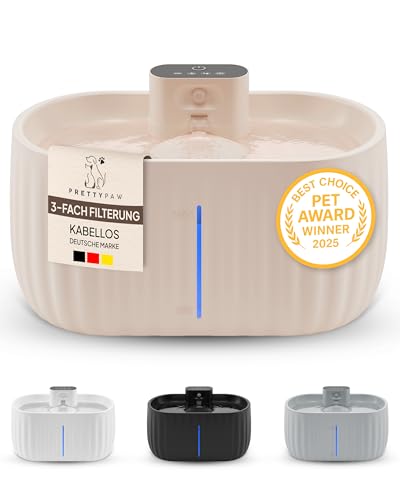 Pretty Paw Katzenbrunnen mit Bewegungsmelder - Trinkbrunnen für Katze Kabellos mit 45 Tagen Akku - Wasserbrunnen für Katzen mit Filter & 3 Liter...